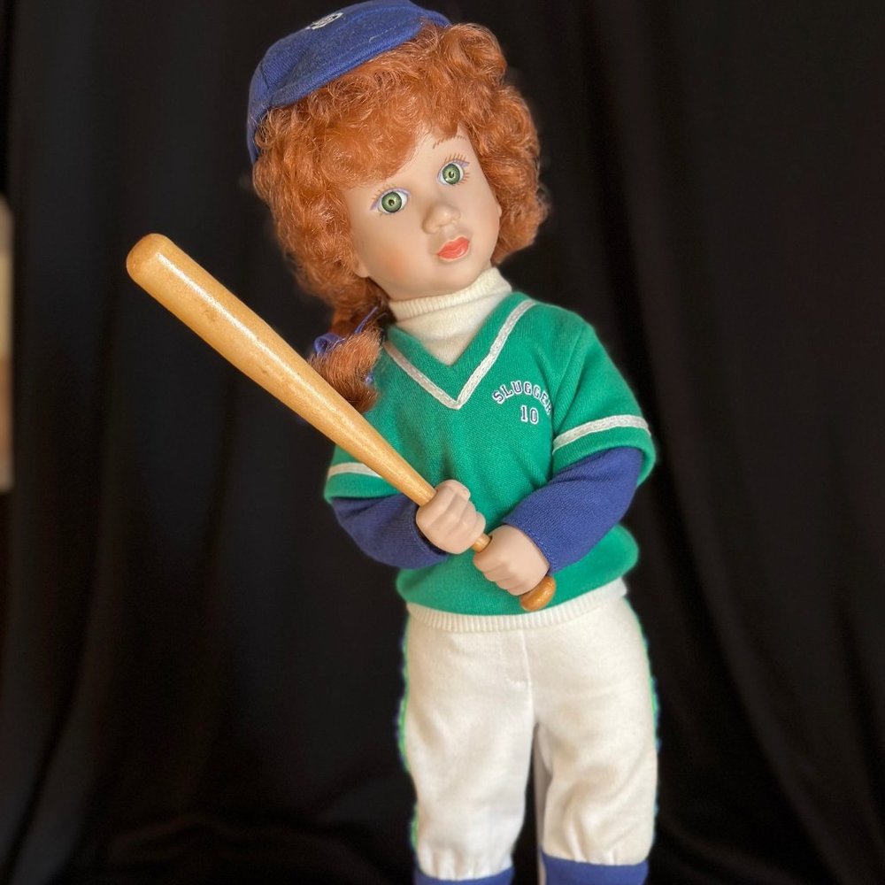 12" Porcelain Vintage Doll " Batters Up" with Stand & Certificate